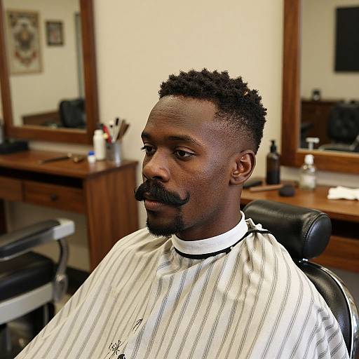 Photograph of a Black man with short curly hair, mustache, and goatee, sitting in a barber shop chair, wearing a striped barber cape