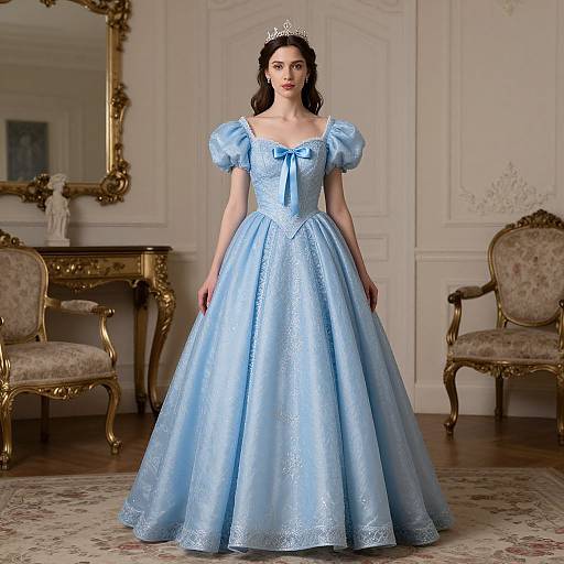 Photograph of a fair-skinned woman in a light blue, puffed-sleeve, satin princess gown with a bow, wearing a silver ti