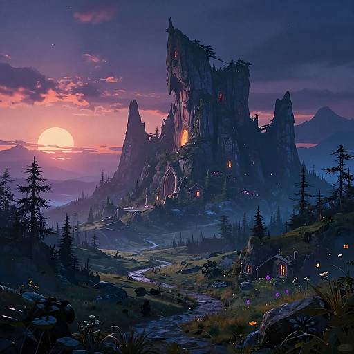 Digital fantasy artwork of a ruined, glowing castle at sunset, surrounded by dark forests, glowing lights, and a serene, misty landscape.