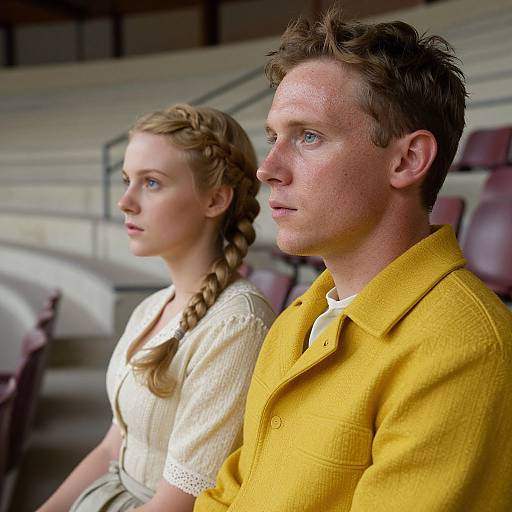 Photograph of a serious blonde woman in a braided hairstyle and white dress, and a man with short brown hair in a yellow jacket, seated in