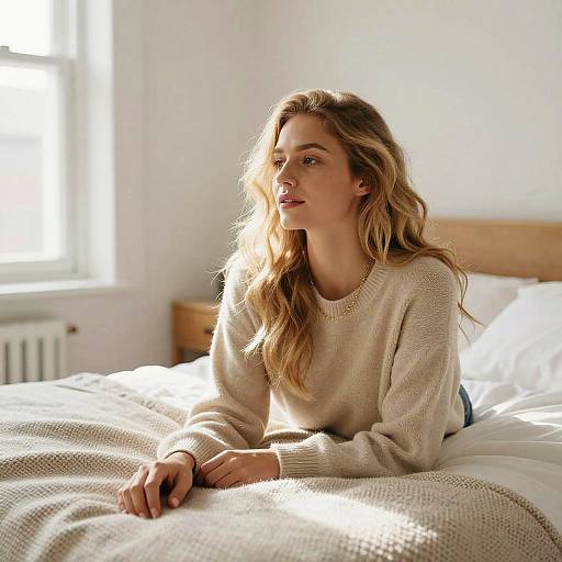Photograph of a blonde woman with wavy hair, wearing a beige knitted sweater, lying on a sunlit bed in a white-walled room