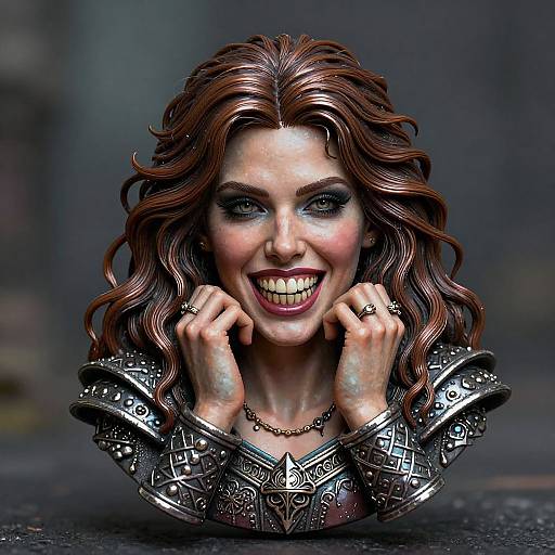 Photorealistic CGI of a smiling woman with wavy brown hair, wearing ornate silver armor, hands framing her face, dark eyes, and intense
