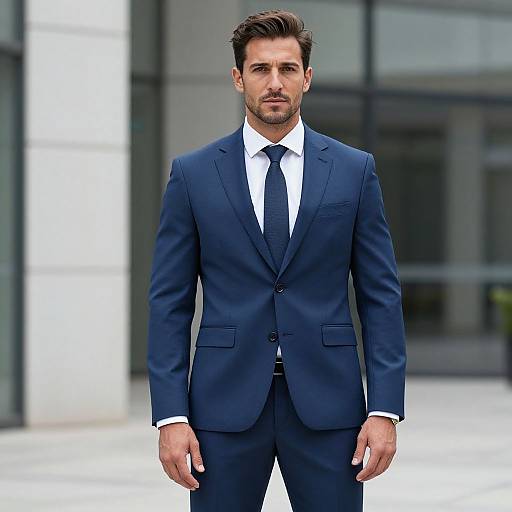 Photograph of a handsome, brown-haired man in a navy blue suit, white shirt, and black tie standing in front of a modern glass building.