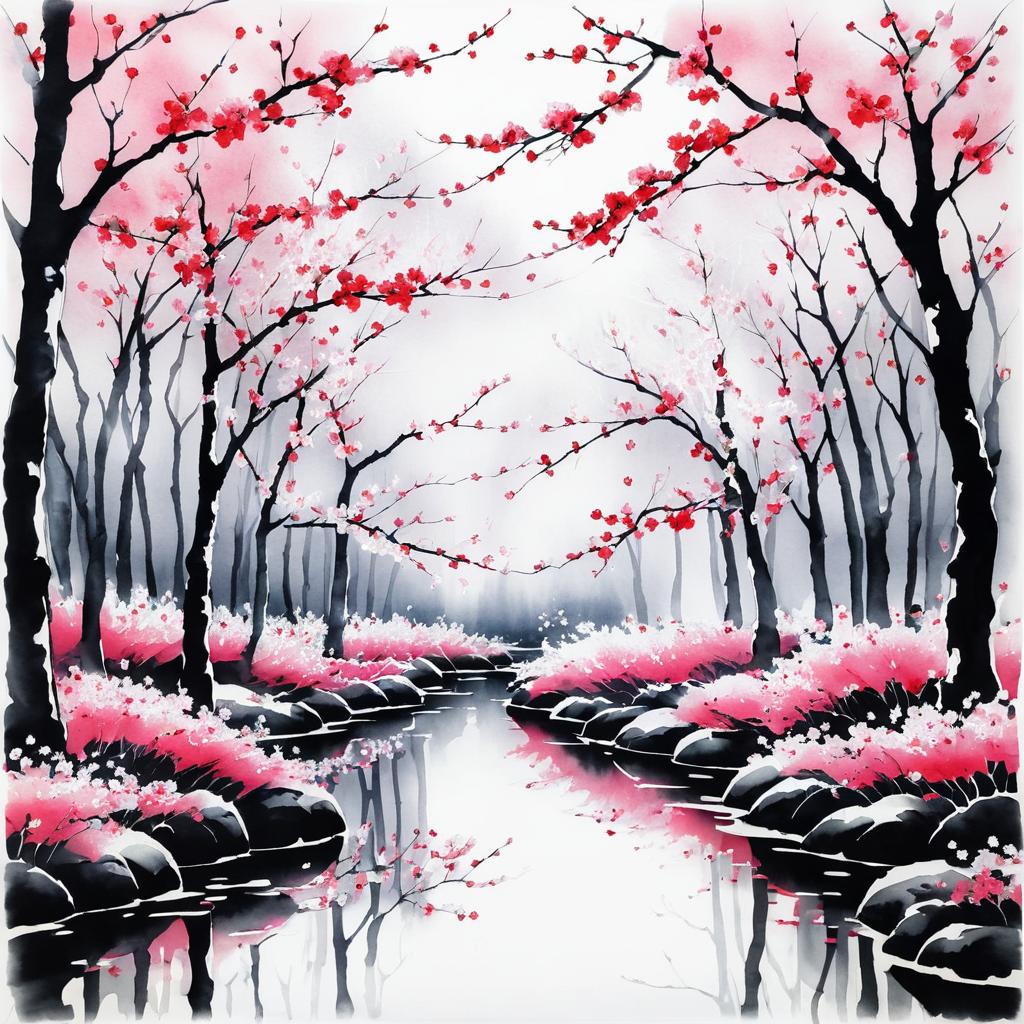 Serene Ink Painting of Cherry Blossom Forest