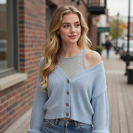 Young Woman in Blue Knit Cardigan