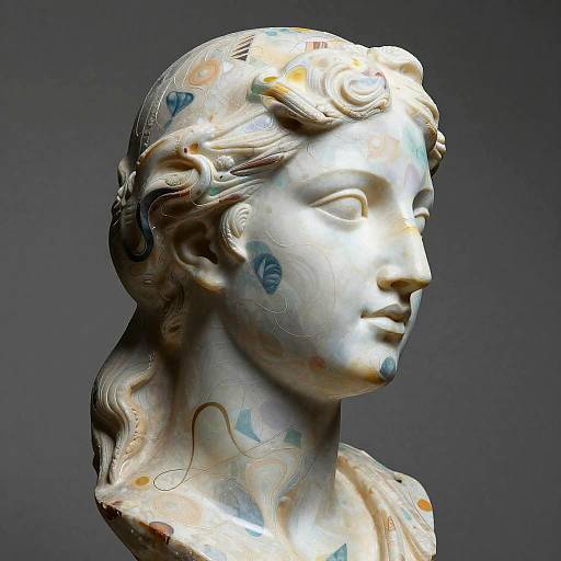 Photograph of a glossy, iridescent marble bust of a classical female figure with wavy hair, subtle floral patterns, and a serene expression against