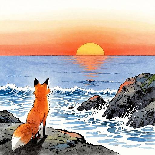 Illustration of a red fox standing on rocky shore, watching a vibrant orange sunset over a blue ocean with waves.