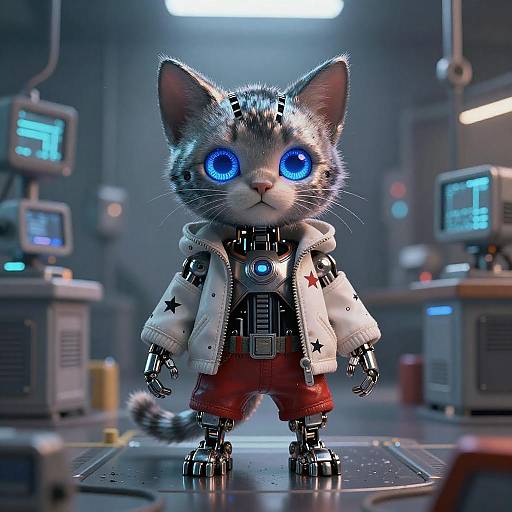 Cyberpunk Robotic Kitten in Neon Lab