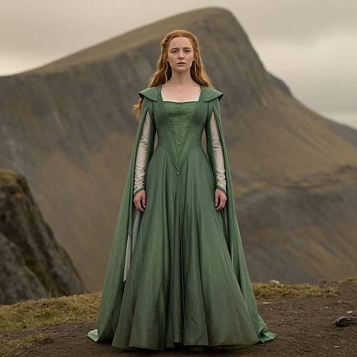 Photograph of a red-haired woman in a green, medieval-style gown with long sleeves, standing before a misty, mountainous landscape.