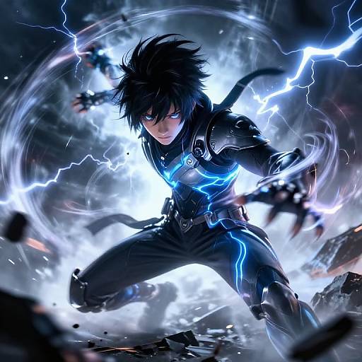 Dynamic digital artwork of a black-haired anime boy with glowing blue lightning, crouching, surrounded by electrifying energy, wearing black tactical gear.