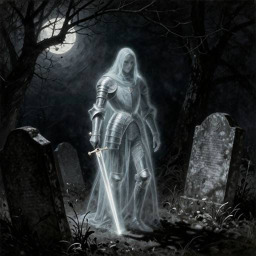 Digital artwork of a glowing, spectral knight in silver armor, holding a shining sword, standing between two tombstones under a full moon in a dark,