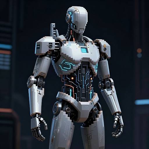 Photorealistic CGI of a futuristic, white and silver humanoid robot with blue neon accents, standing in a dark, industrial background.