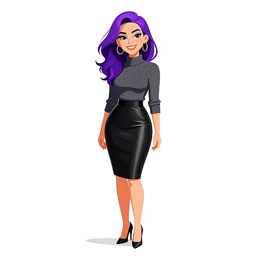 Digital illustration of a smiling woman with purple hair, wearing a gray sweater, black leather skirt, black heels, and hoop earrings.