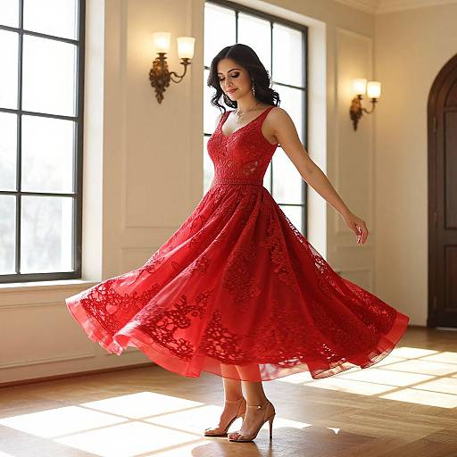 Photograph of a slender woman with dark hair in a red lace, sleeveless, full-skirted dress, standing in a sunlit room,