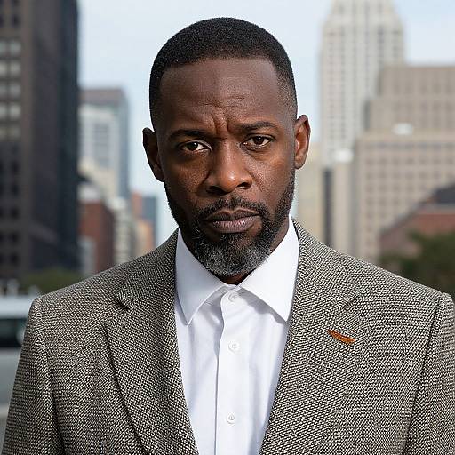 Photograph of a serious, dark-skinned, bearded African-American man with a short haircut, wearing a white shirt and houndstooth suit