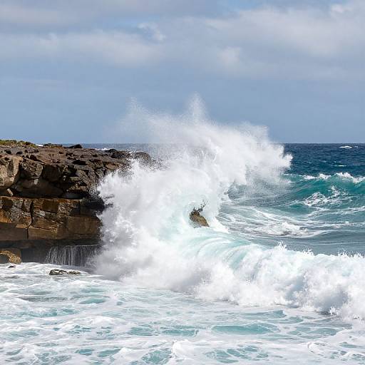 Photograph of powerful ocean waves crashing against a rugged, dark brown rocky shoreline under a partly cloudy blue sky.