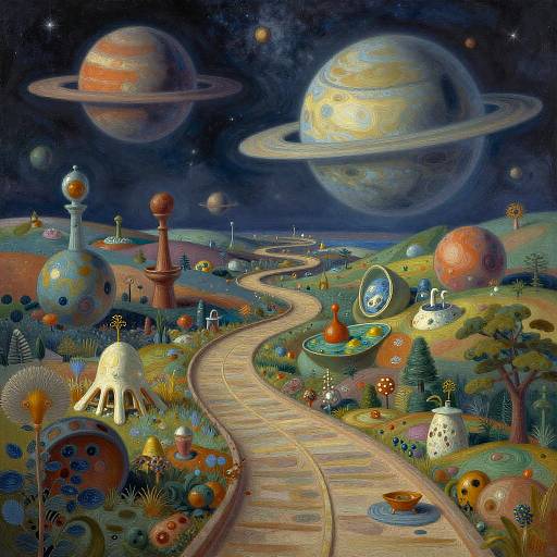 Whimsical digital artwork: colorful, surreal landscape with winding path, giant planets, quirky buildings, and vibrant flora under a starry night sky.