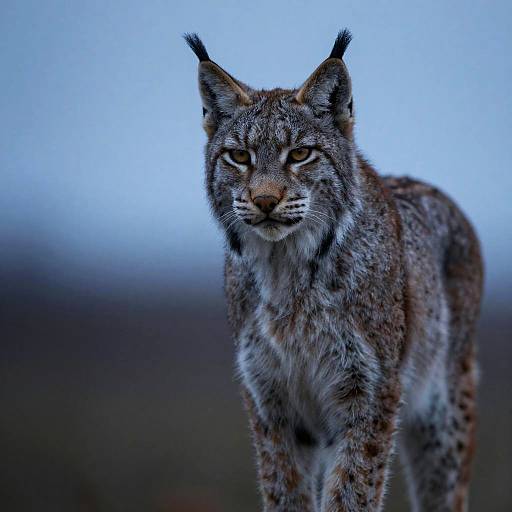 Photograph of a Eurasian lynx with piercing yellow eyes, tufted ears, and dense grey-brown spotted fur, standing against a blurred