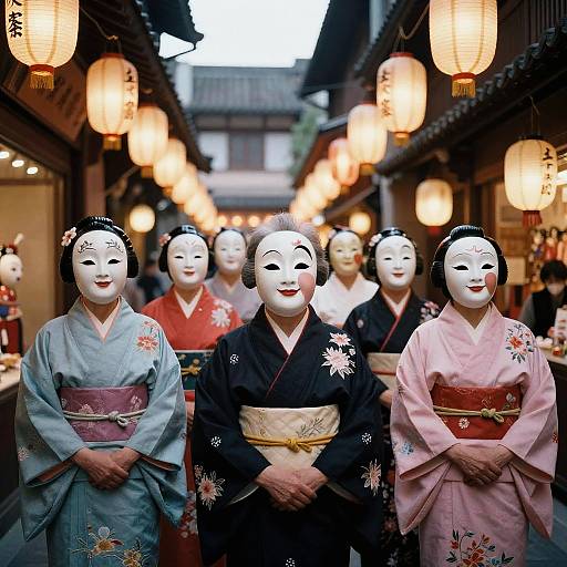 Porcelain-Masked Elderly Puppeteers in Neon Alley