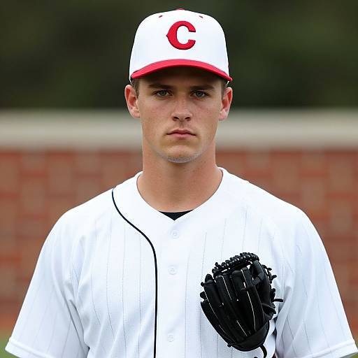 Photograph of a young male baseball player with fair skin, brown eyes, white uniform with red 