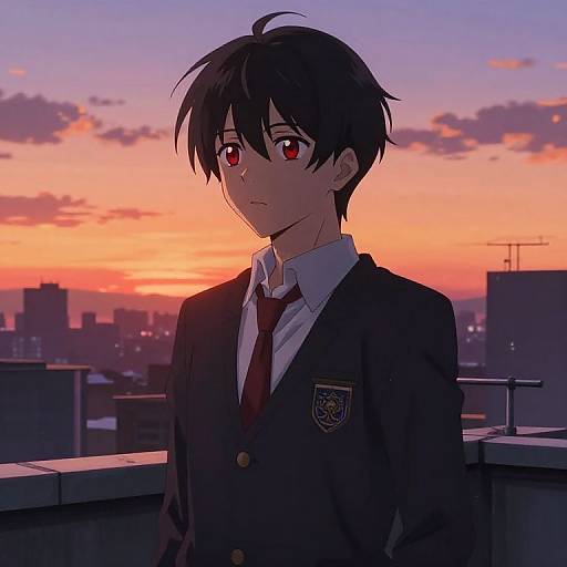 Anime-style drawing of a young man with black hair and red eyes, wearing a black school blazer, white shirt, and red tie, standing on