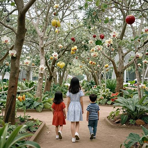 Photograph of an Asian woman in a white dress, holding hands with a girl in a red dress and a boy in blue stripes, walking through a