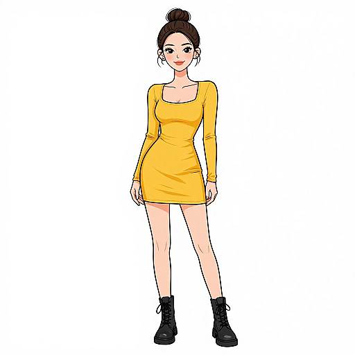 Digital anime-style drawing of a smiling young woman with fair skin, dark hair in a bun, wearing a yellow long-sleeve dress and black ankle