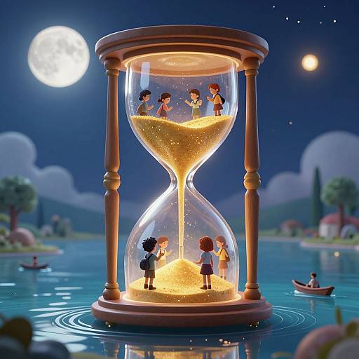 Digital illustration of a glowing hourglass with five children standing inside, surrounded by a night lake, full moon, and stars.