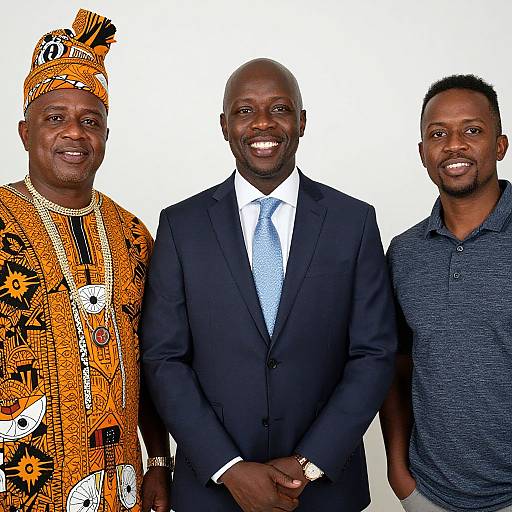 Photograph of three Black men standing side by side: left in vibrant African print attire, center in dark suit with light blue tie, right in gray