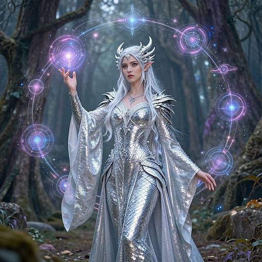 Digital fantasy artwork of a silver-haired elf woman with horned headpiece, wearing a shimmering silver dress, casting a magical glow in a dark,