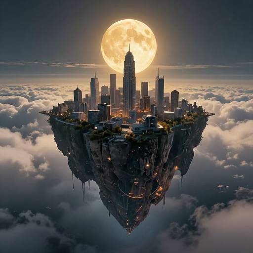 Photorealistic CGI of a floating cityscape with skyscrapers, illuminated by a glowing full moon, surrounded by clouds in a dark, night sky
