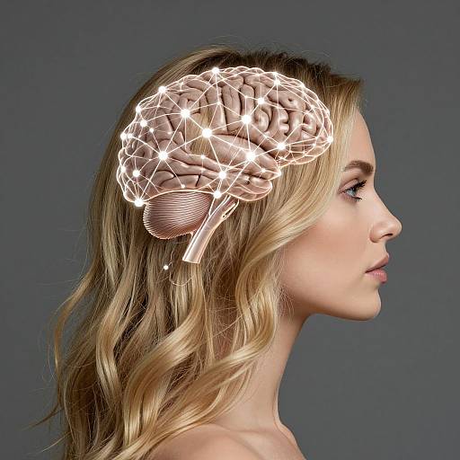 Photograph of a blonde woman in profile with a glowing, wireframe brain outline superimposed on her head against a gray background.