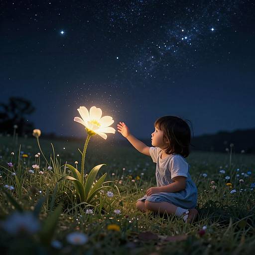 Photograph of a young child with short brown hair, wearing a white shirt and gray shorts, kneeling in a grassy field at night, touching a
