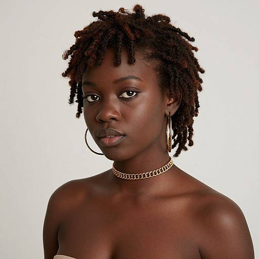 Photograph of a topless, dark-skinned Black woman with short, twisted dreadlocks, wearing large hoop earrings and a gold chain necklace, against