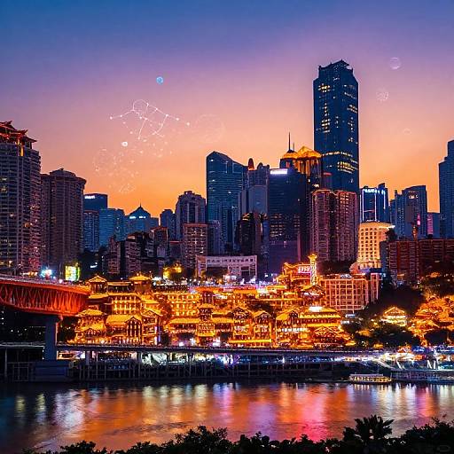 Photograph of a vibrant cityscape at dusk, featuring colorful neon lights, illuminated skyscrapers, and a river reflecting the city's glow, with