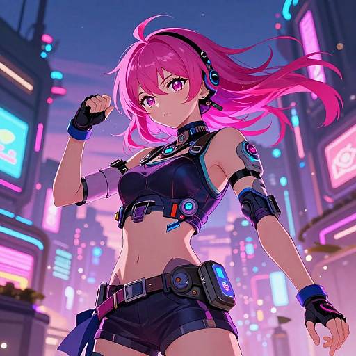 Digital anime-style artwork of a pink-haired, purple-eyed cyberpunk girl with glowing neon lights, black crop top, shorts, and futuristic gear in a