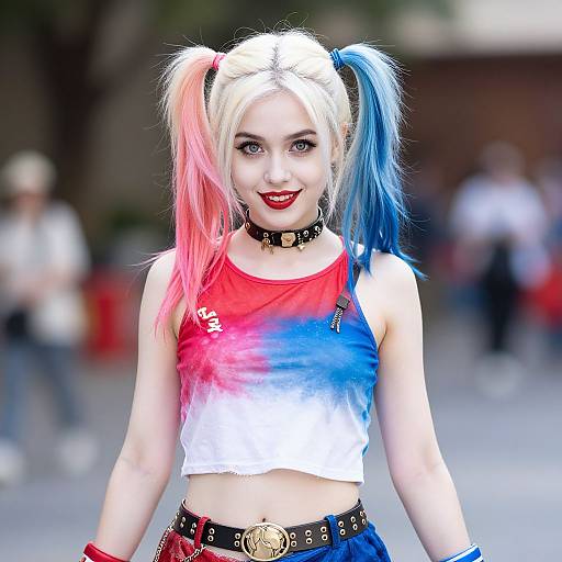 Photograph of a young woman in a Harley Quinn cosplay, with dyed pink and blue pigtails, red-white-blue tie-dye crop top