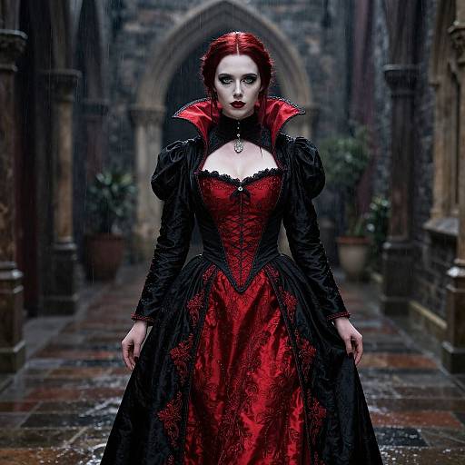 Digital art of a pale-skinned, red-haired woman in a gothic, red and black Victorian-style dress, standing in a rainy, stone cathedral