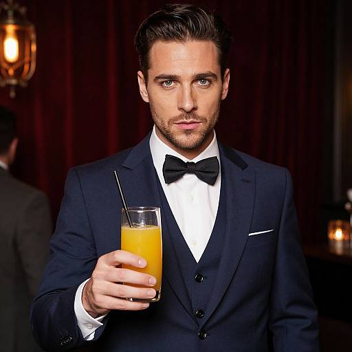 Photograph of a handsome, dark-haired man in a black tuxedo with bow tie, holding a glass of orange juice, in a dimly