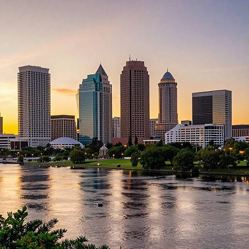 Photograph of a city skyline at sunset, featuring tall skyscrapers with reflective glass, colorful sky, and a calm river in the foreground.