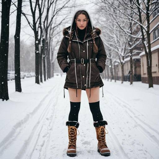 Woman in Winter Fashion Outfit Standing in Snow