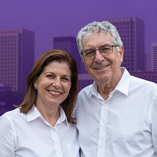 Couple Smiling Against Cityscape Background