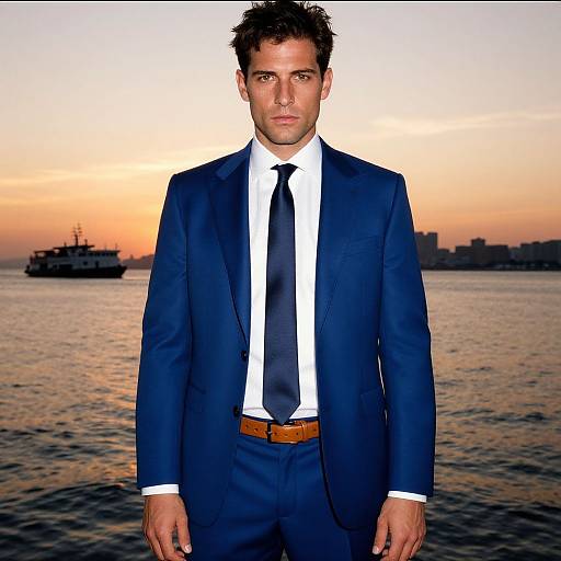Photograph of a handsome, curly-haired man in a navy suit, white shirt, and black tie, standing against a sunset waterfront background.