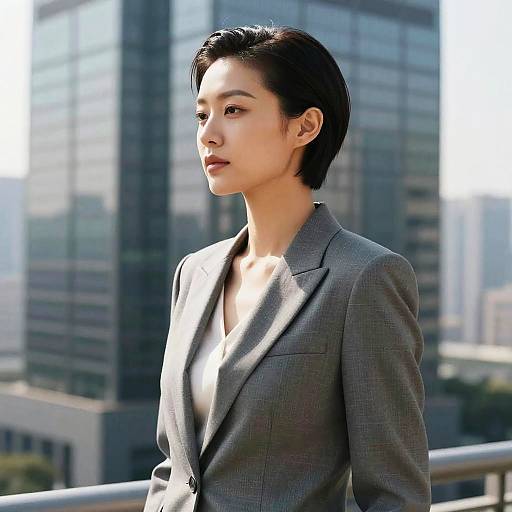 Photograph of an Asian woman with short black hair, wearing a gray blazer, standing outdoors against a blurred cityscape background.