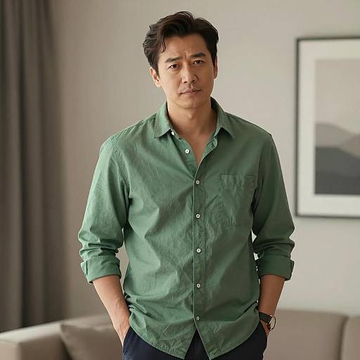 Man in Green Casual Shirt Standing Indoors