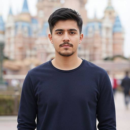 Photograph of a young South Asian man with short black hair, trimmed mustache, wearing a black long-sleeve shirt, standing outdoors with a