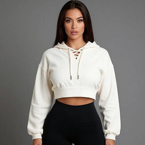 Photograph of a young woman with long black hair, wearing a white cropped hoodie with lace-up front and black high-waisted pants, standing against