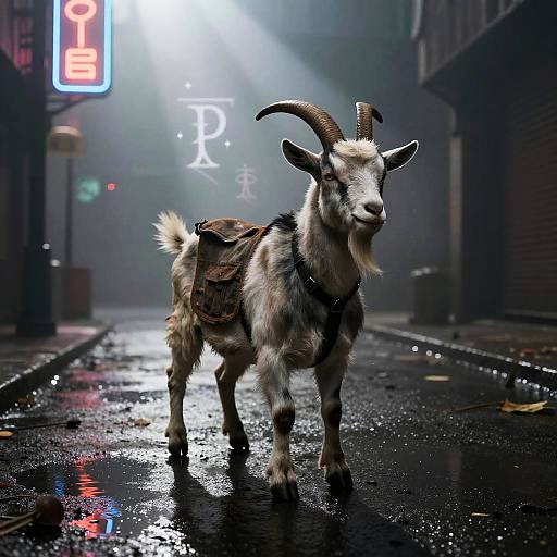 Digital artwork of a white and brown goat with curved horns standing on a wet, reflective urban street at night, illuminated by a glowing neon key sign and