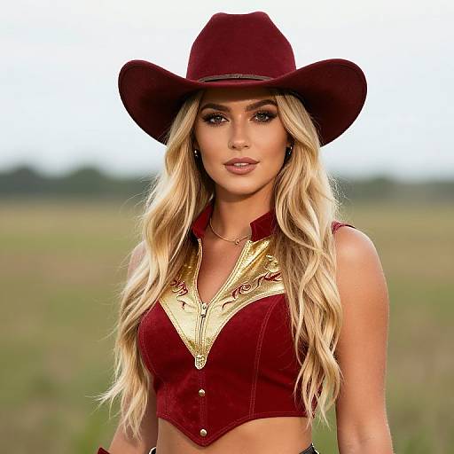 Blonde Girl in Red Gold Cowboy Outfit