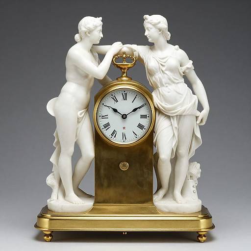 Photograph of a white marble clock featuring two classical-style statues, one male and one female, adjusting a crown above a black and gold clock face.